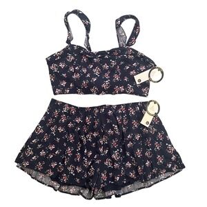 Rose Velvet Floral 2 Piece Shorts Set Tie Back Crop Top Rayon Pockets 2X NWT
